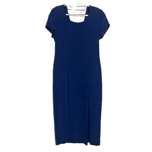 Adrianna Papell Size 8 Petite 100% Silk Blue Midi Sheath Dress Slit Elegant